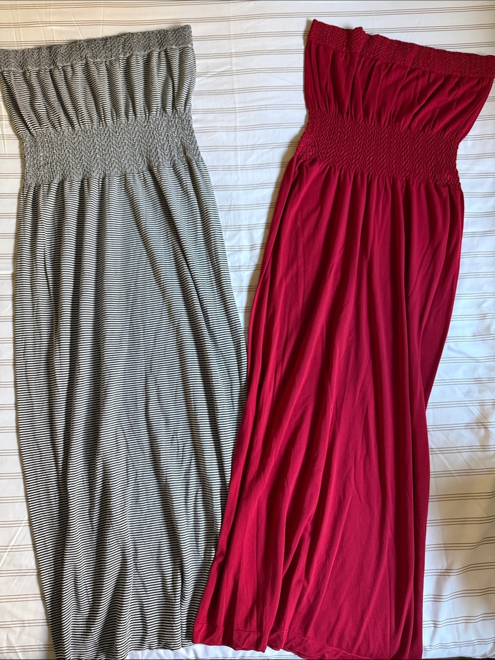 Women’s Strapless Maxi Dresses - Red and Striped